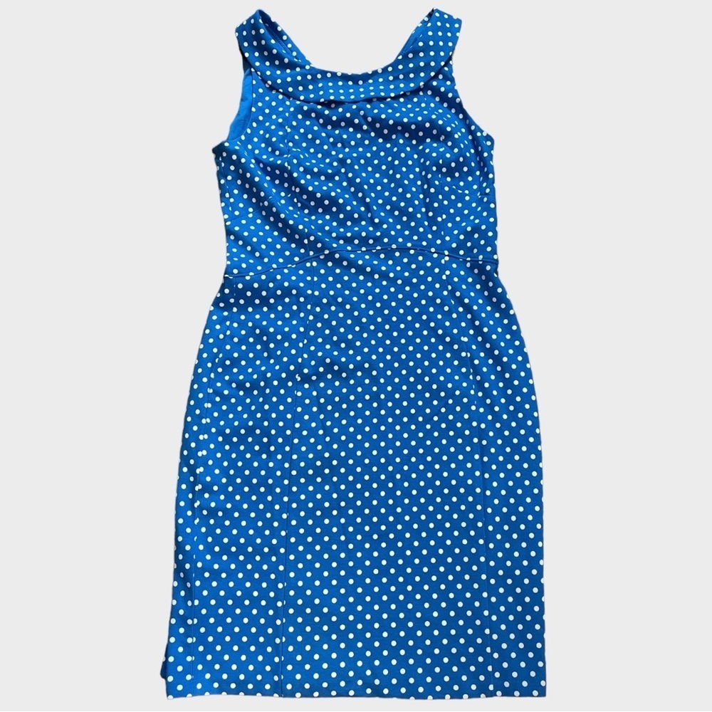 𝅺lands End Polka Dot Sleeveless Ponte Knot Portrait Collar Dress Size 8 NWOT